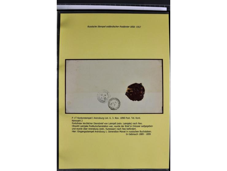 1858/1917, 60 Briefe, Karten und Ganzsachen mit kyrillischen Einkreisstempeln, Type 1-5 nach Hurt/Ojaste, auf beschrifteten A
