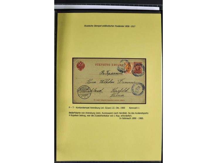 1858/1917, 60 Briefe, Karten und Ganzsachen mit kyrillischen Einkreisstempeln, Type 1-5 nach Hurt/Ojaste, auf beschrifteten A