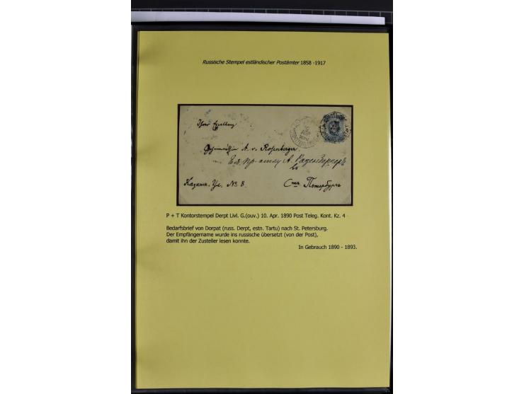 1858/1917, 60 Briefe, Karten und Ganzsachen mit kyrillischen Einkreisstempeln, Type 1-5 nach Hurt/Ojaste, auf beschrifteten A