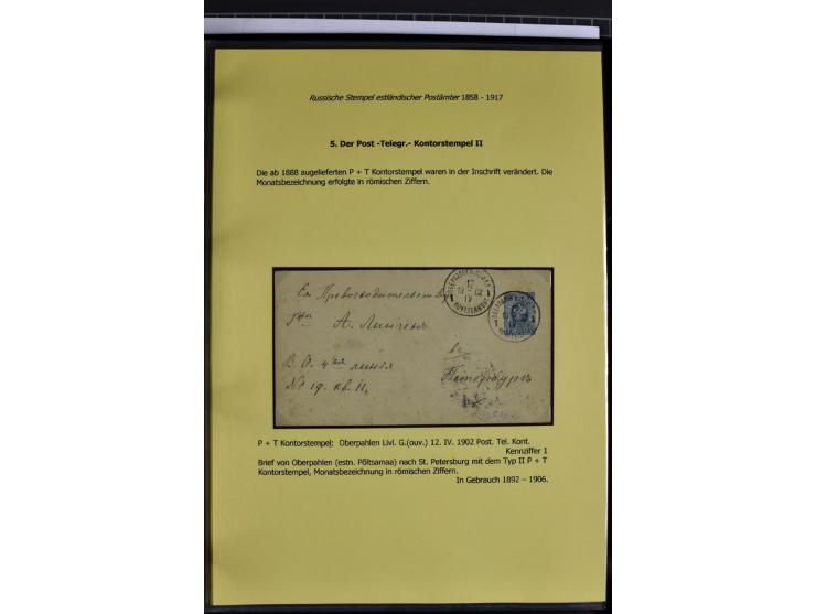 1858/1917, 60 Briefe, Karten und Ganzsachen mit kyrillischen Einkreisstempeln, Type 1-5 nach Hurt/Ojaste, auf beschrifteten A