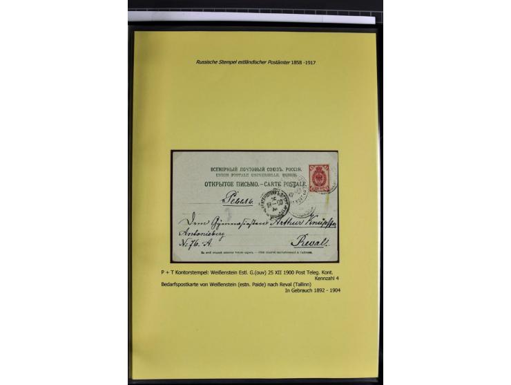 1858/1917, 60 Briefe, Karten und Ganzsachen mit kyrillischen Einkreisstempeln, Type 1-5 nach Hurt/Ojaste, auf beschrifteten A