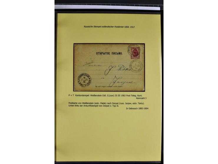 1858/1917, 60 Briefe, Karten und Ganzsachen mit kyrillischen Einkreisstempeln, Type 1-5 nach Hurt/Ojaste, auf beschrifteten A