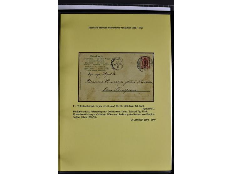 1858/1917, 60 Briefe, Karten und Ganzsachen mit kyrillischen Einkreisstempeln, Type 1-5 nach Hurt/Ojaste, auf beschrifteten A