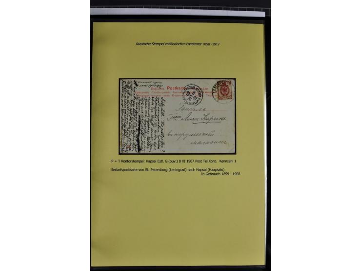 1858/1917, 60 Briefe, Karten und Ganzsachen mit kyrillischen Einkreisstempeln, Type 1-5 nach Hurt/Ojaste, auf beschrifteten A