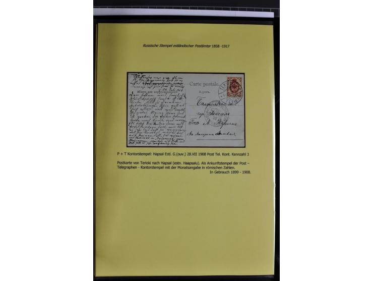 1858/1917, 60 Briefe, Karten und Ganzsachen mit kyrillischen Einkreisstempeln, Type 1-5 nach Hurt/Ojaste, auf beschrifteten A