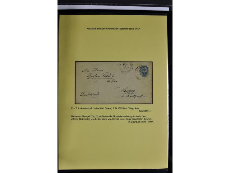 1858/1917, 60 Briefe, Karten und Ganzsachen mit kyrillischen Einkreisstempeln, Type 1-5 nach Hurt/Ojaste, auf beschrifteten A