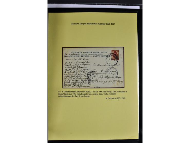 1858/1917, 60 Briefe, Karten und Ganzsachen mit kyrillischen Einkreisstempeln, Type 1-5 nach Hurt/Ojaste, auf beschrifteten A
