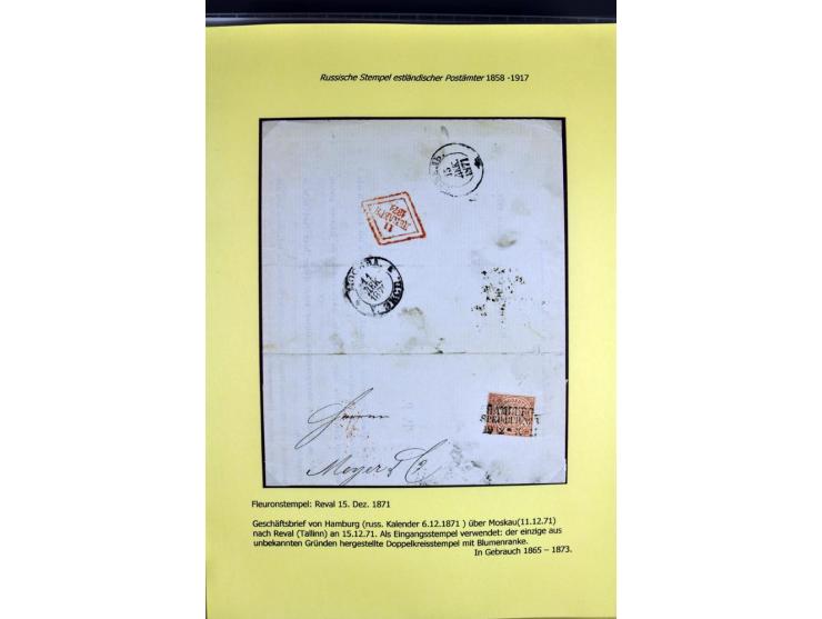 1858/1917, 60 Briefe, Karten und Ganzsachen mit kyrillischen Einkreisstempeln, Type 1-5 nach Hurt/Ojaste, auf beschrifteten A