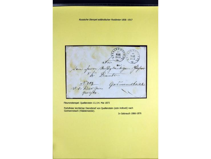 1858/1917, 60 Briefe, Karten und Ganzsachen mit kyrillischen Einkreisstempeln, Type 1-5 nach Hurt/Ojaste, auf beschrifteten A