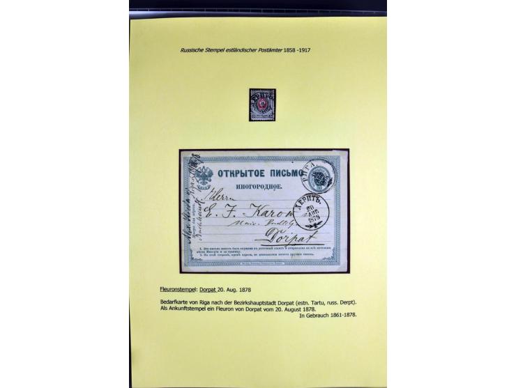 1858/1917, 60 Briefe, Karten und Ganzsachen mit kyrillischen Einkreisstempeln, Type 1-5 nach Hurt/Ojaste, auf beschrifteten A