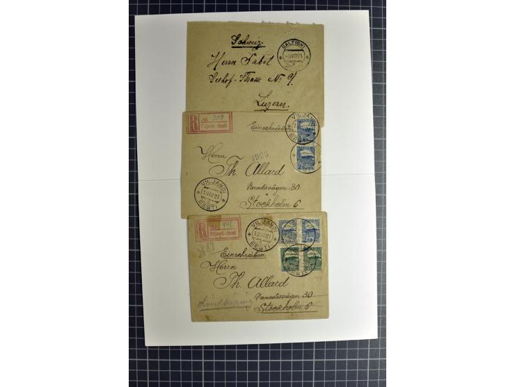 1920/21, 9 verschiedene Briefe mit Postmeisterzähnungen, ein Brief mit Aktenlochung, sonst in guter Erhaltung
