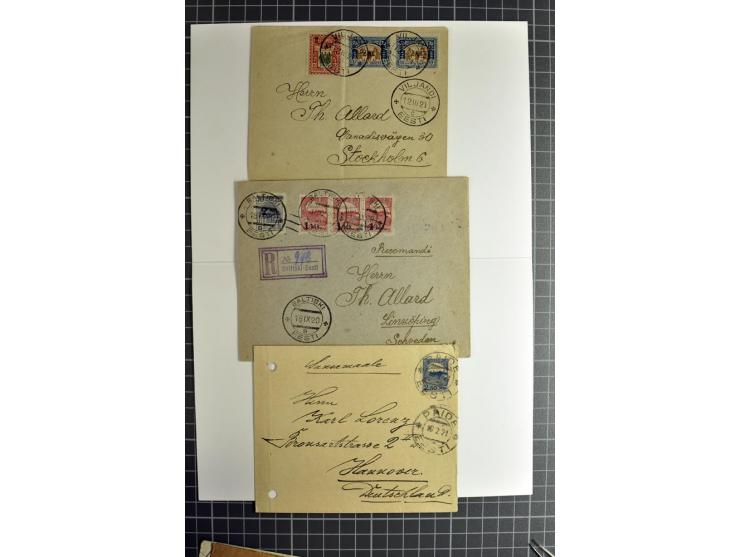 1920/21, 9 verschiedene Briefe mit Postmeisterzähnungen, ein Brief mit Aktenlochung, sonst in guter Erhaltung