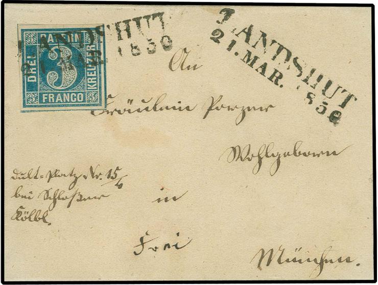  3 Kreuzer blau, Platte 1, allseits breitrandig mit sauber auf- und nebengesetztem L2 "LANDSHUT 21. MAR. 1850" auf kleiner Br