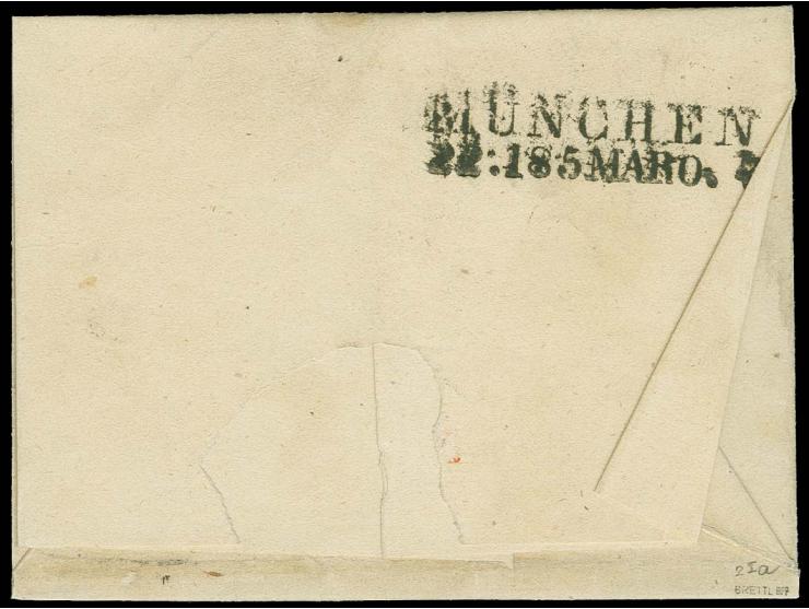 3 Kreuzer blau, Platte 1, allseits breitrandig mit sauber auf- und nebengesetztem L2 "LANDSHUT 21. MAR. 1850" auf kleiner Br