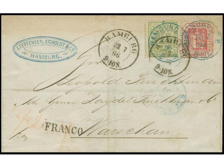 POLEN: 1866, 1½ Schilling karmin in Mischfrankatur mit 1864/67, 4 Schilling grün, beide entwertet durch blauen DKr. "HAMBURG 