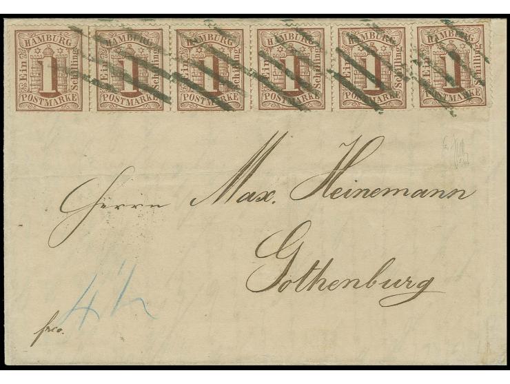  SCHWEDEN: 1864/67, 1 Schilling braun, waagerechter 5er-Streifen (teils angetrennt aufgeklebt) und Einzelstück mit mehrfach s