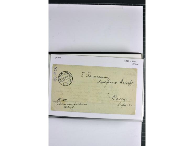 1881/1917, 66 Briefe, Karten und Ganzsachen mit kyrillischen Poststempeln aus Livland von Aloja bis Alt-Schwanenburg