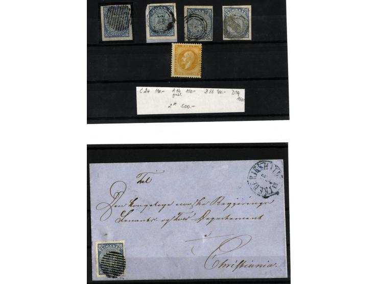 1855, Mi.-Nr. 1, 3 Stück gestempelt, 1 Briefstück und 1 Brief, alle voll- bis breitrandig, dazu Mi.-Nr. 2 mit Neugummi