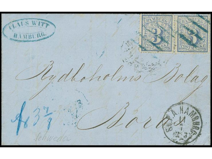  1864/67, 3 Schilling ultramarin, 2 Einzelwerte mit blauem Strichstempel auf vollständigem Faltbrief mit nebengesetztem "St. 