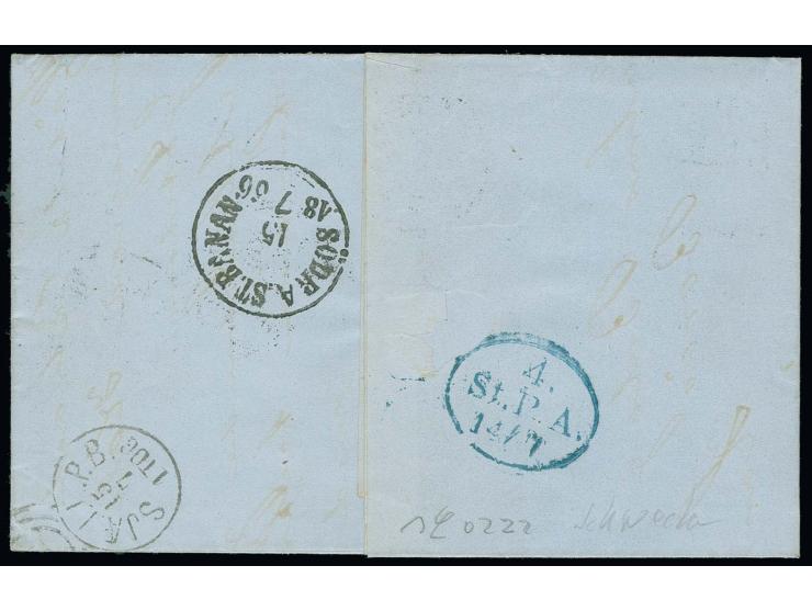  1864/67, 3 Schilling ultramarin, 2 Einzelwerte mit blauem Strichstempel auf vollständigem Faltbrief mit nebengesetztem "St. 