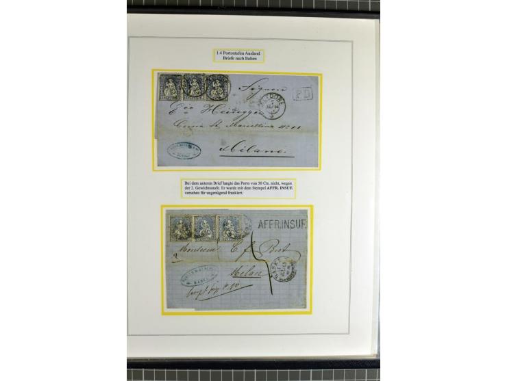 1862/81, Stehende Helvetia, Portostufen-Sammlung mit Briefen, Karten und Ganzsachen, dabei Mi.-Nr. 16+23 (Attest Renggli), 40