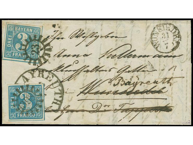  3 Kreuzer blau, Platte 2, allseits breitrandig mit gMR "23" und nebengesetztem Halbkreisstempel "BAYREUTH 29=7" auf kleinem 