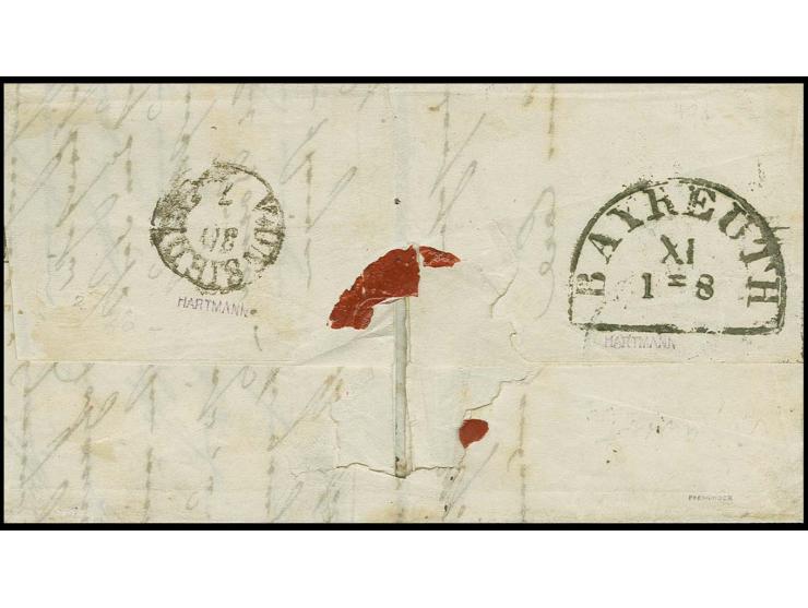  3 Kreuzer blau, Platte 2, allseits breitrandig mit gMR "23" und nebengesetztem Halbkreisstempel "BAYREUTH 29=7" auf kleinem 