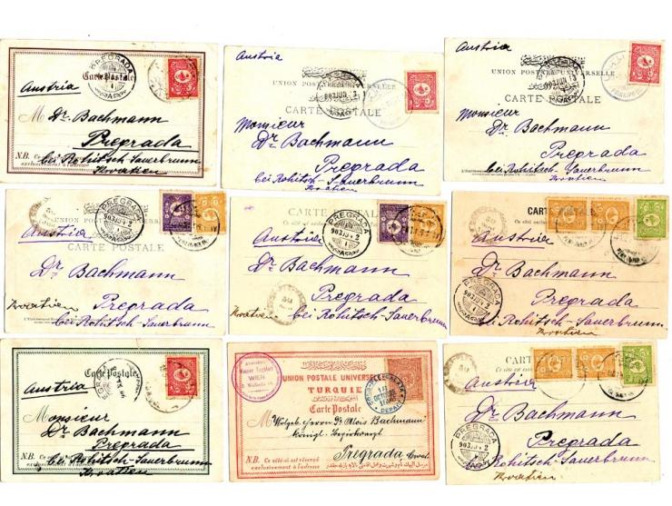 1899/1903, Partie mit 8 frankieten Karten, meist aus einer Korrespondenz nach Kroatien mit Ankunftsstempel, zum Teil verschie