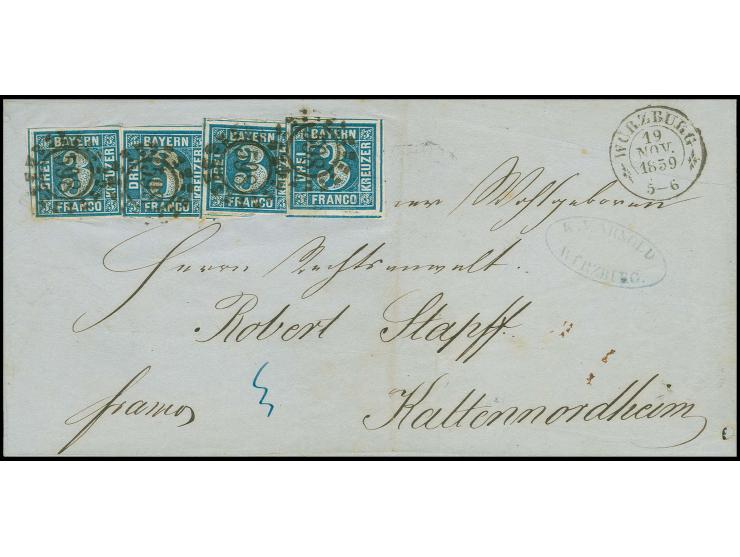  3 Kreuzer blau, Platte 3, vier Einzelwerte, alle voll- bis meist breitrandig, die rechte Marke aus der rechten unteren Bogen
