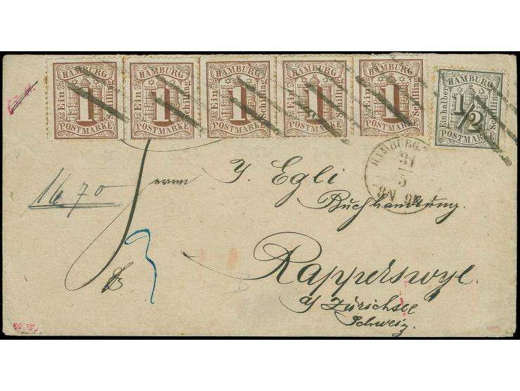  1864/67, ½ Schilling schwarz und 1 Schilling braun im waagerechten 5er-Streifen mit Strichstempel und nebengesetztem Taxis-E