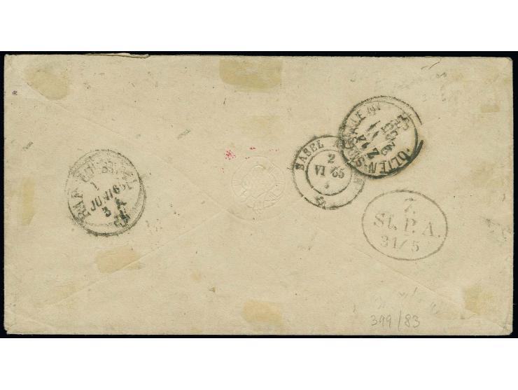  1864/67, ½ Schilling schwarz und 1 Schilling braun im waagerechten 5er-Streifen mit Strichstempel und nebengesetztem Taxis-E