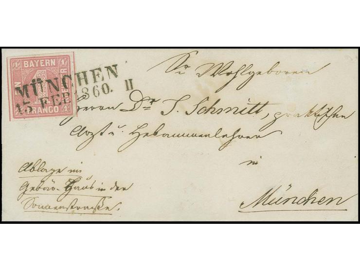  1 Kreuzer rosa, allseits breitrandig und farbfrisch mit klar aufgesetztem L2 "MÜNCHEN 15 FEB. 1860" auf kleiner Ortsbriefhül