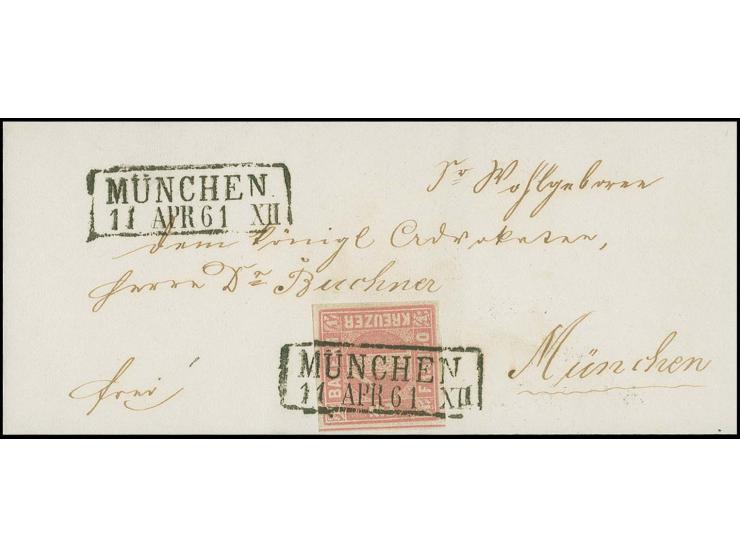  1 Kreuzer rosa, Platte 1, farbfrisch und allseits breitrandig mit sauber auf- und nebengesetztem Ra2 "MÜNCHEN 11 APR 61" auf