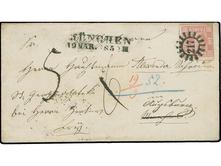  1 Kreuzer rosa, voll- bis überrandig mit gMR "217" auf Orts-Briefkuvert mit nebengesetztem L2 "MÜNCHEN 19 MAR. 1852"; am gle