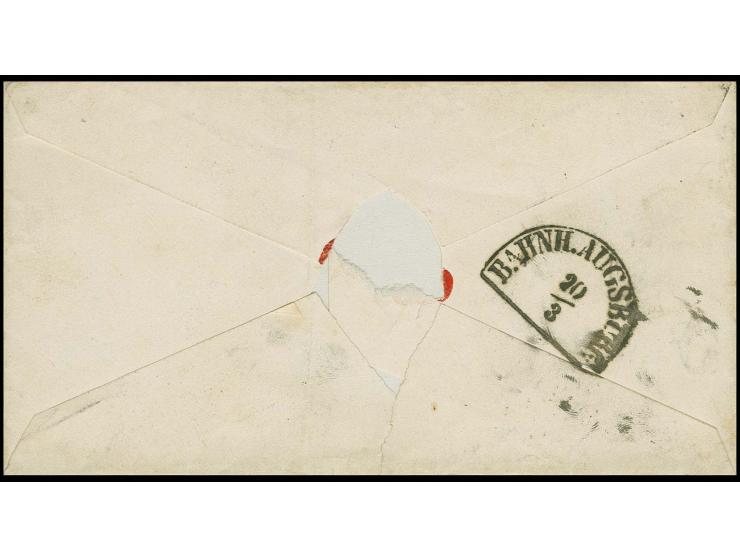  1 Kreuzer rosa, voll- bis überrandig mit gMR "217" auf Orts-Briefkuvert mit nebengesetztem L2 "MÜNCHEN 19 MAR. 1852"; am gle