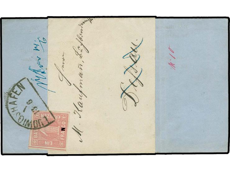  1 Kreuzer rosa, voll- bis meist breitrandig und farbfrisch mit sauber aufgesetztem Halbkreisstempel "LUDWIGSHAFEN 13/6" auf 