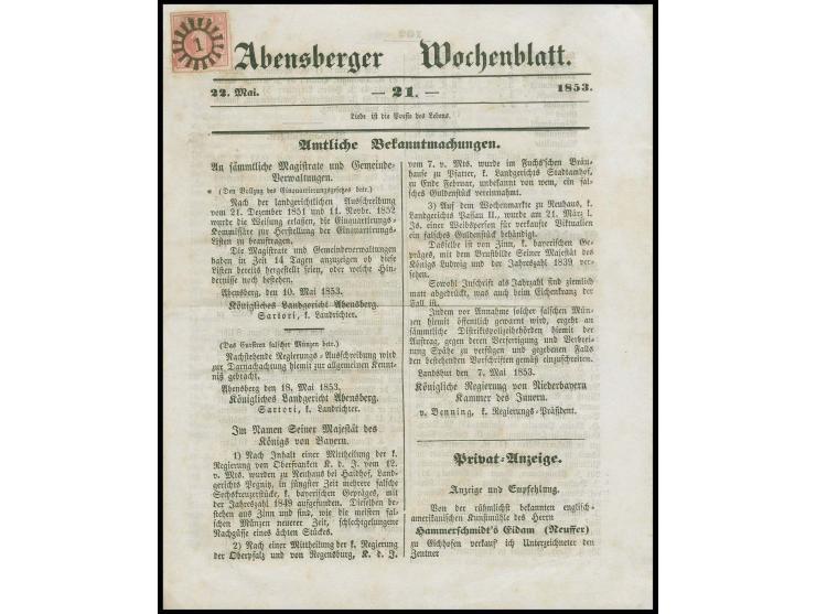  1 Kreuzer rosa, allseits sehr breitrandig mit zentrisch klar aufgesetztem gMR "1" auf vollständiger Zeitung 'Abendsberger Wo