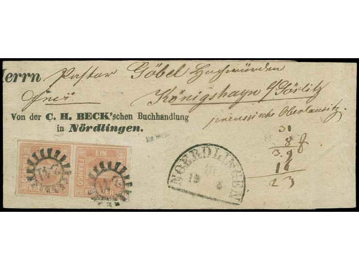  1 Kreuzer rosa im senkrechten Paar, allseits breitrandig mit zweimal aufgesetztem gMR "241" und nebengesetztem Halbkreisstem