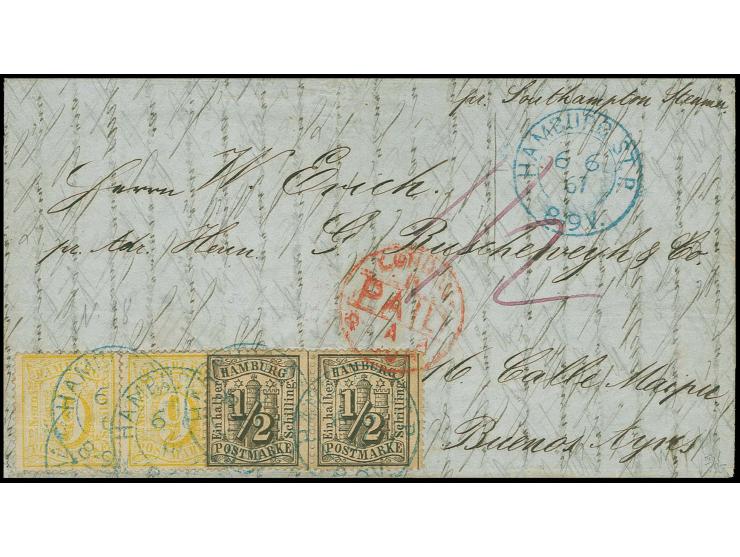 ARGENTINIEN: 1864/67, 9 Schilling orangegelb, 2 Einzelwerte zusammen mit waagerechtem Paar ½ Schilling schwarz, als Streifen 