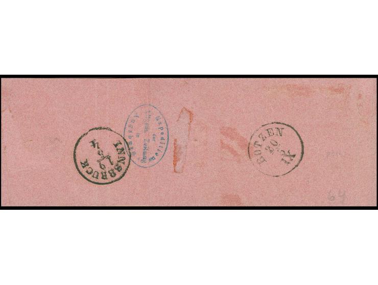  1 Kreuzer rosa, waagerechtes Paar und 2 Einzelwerte, das Paar links mit Randlinienschnitt sonst alle breitrandig geschnitten