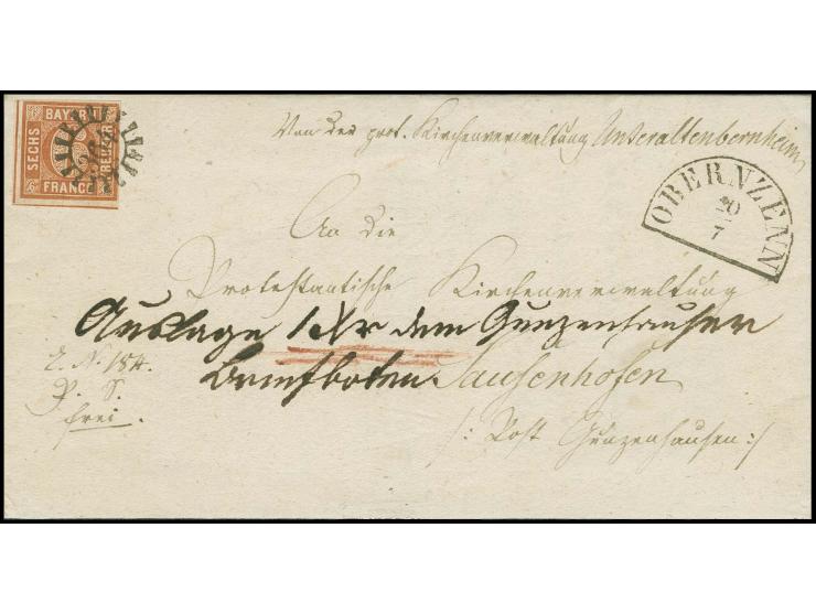  6 Kreuzer braun, Platte 3, voll- bis breitrandig mit gMR "364" und nebengesetztem Halbkreisstempel "OBERNZELL 20/7" (1860) a