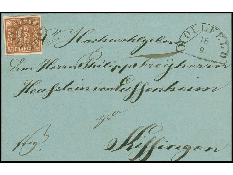  6 Kreuzer braun, allseits breitrandig mit klarem gMR "138" und sauber nebengesetztem Halbkreisstempel "HOLLFELD 18/8" auf bl