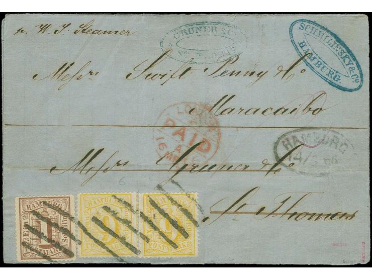 VENEZUELA: 1864/67, 9 Schilling orangegelb, 2 Einzelwerte zusammen mit 1 Schilling braun, alle drei sehr schön farbfrisch und
