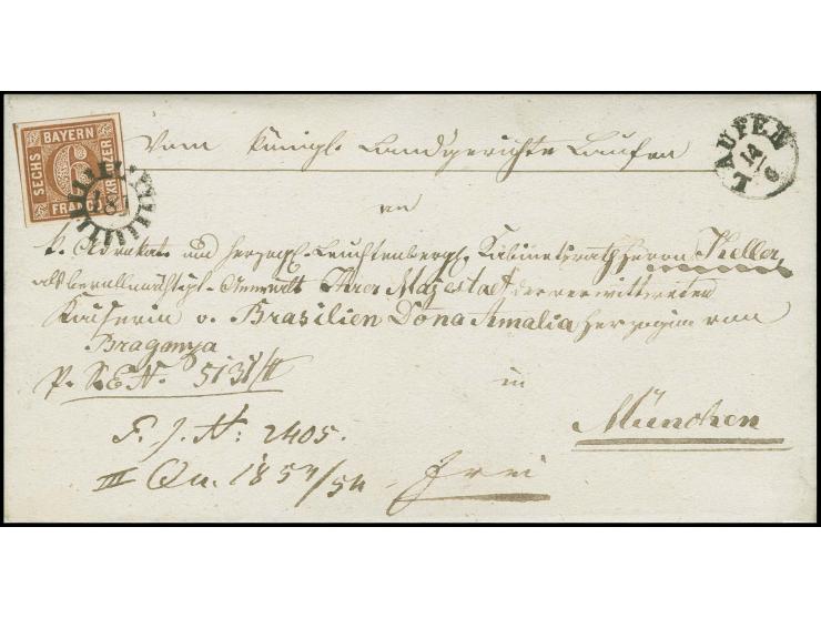  6 Kreuzer braun, allseits breitrandig und farbfrisch mit gMR "181" und nebengesetztem Fingerhutstempel "LAUFEN 14/6" auf kom