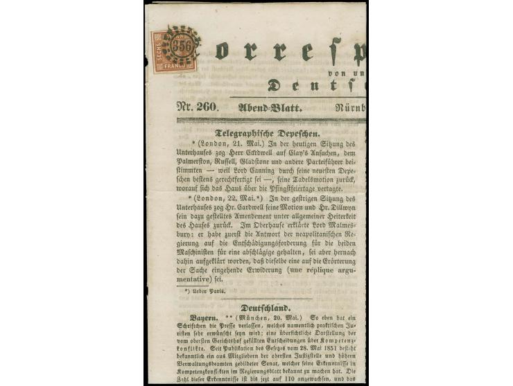  6 Kreuzer braun, allseits sehr schön breitrandig und farbfrisch mit glasklar aufgesetztem oMR "356" von Nürnberg auf Zeitung