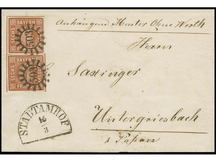  6 Kreuzer braun, zwei Einzelwerte, beide breitrandig mit gMR "503" und nebengesetztem Halbkreisstempel "STADTAMHOF 15/3" (18