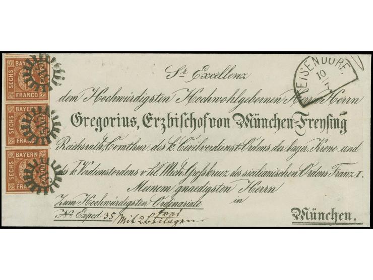  6 Kreuzer rotbraun im senkrechten 3er-Streifen, voll- bis breitrandig und in sehr frischer, kräftiger Farbe, mit jeweils sau