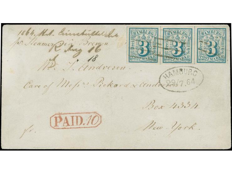 VEREINIGTE STAATEN: 1859, 3 Schilling preußischblau im waagerechten 3er-Streifen, allseits breitrandig und farbfrisch mit Str