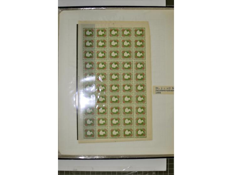 1867/90, hochinteressante Partie, dabei viele Originalbogen u.a. Mi.-Nr. 3, 8c, 14e, 15 und 18, dazu einige Neudruck-Bogen, m