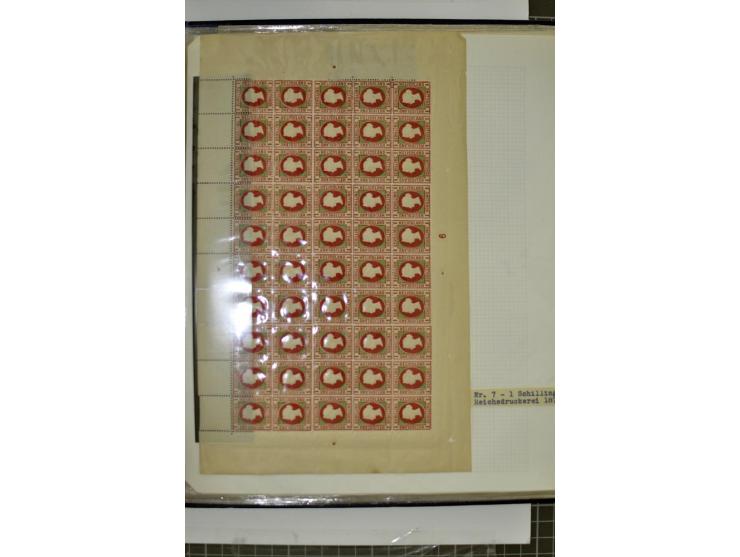 1867/90, hochinteressante Partie, dabei viele Originalbogen u.a. Mi.-Nr. 3, 8c, 14e, 15 und 18, dazu einige Neudruck-Bogen, m